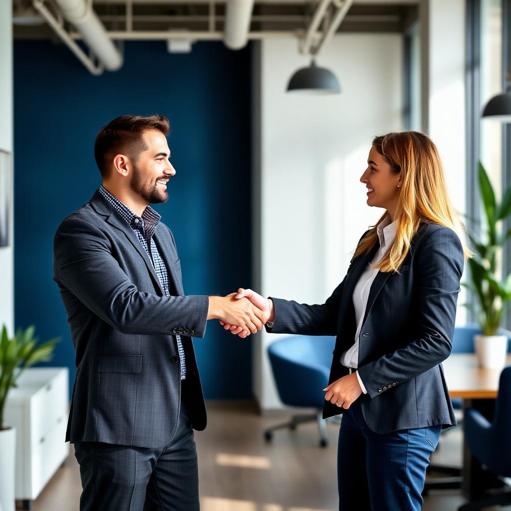 Two business partners shaking hands in a modern office